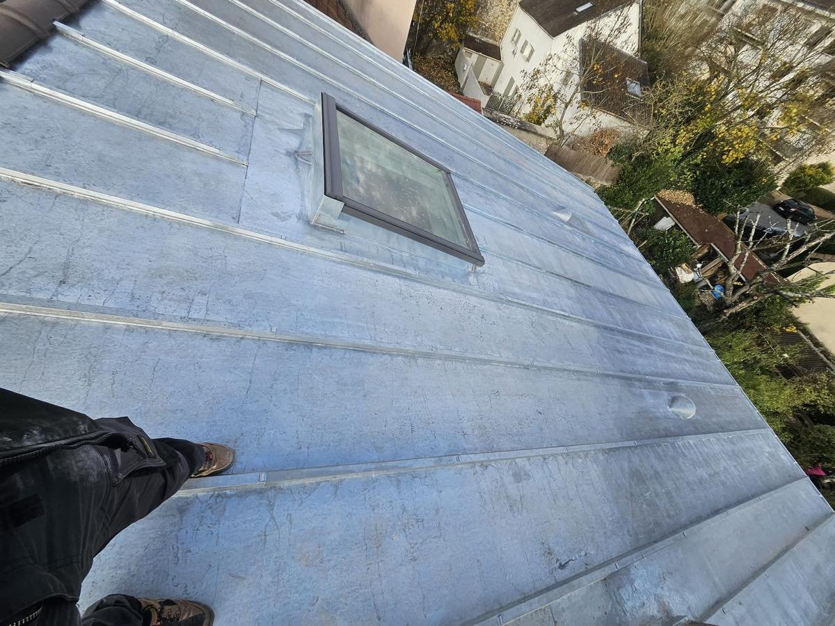 Vue plongeante sur la couverture zinc terminée avec son châssis
